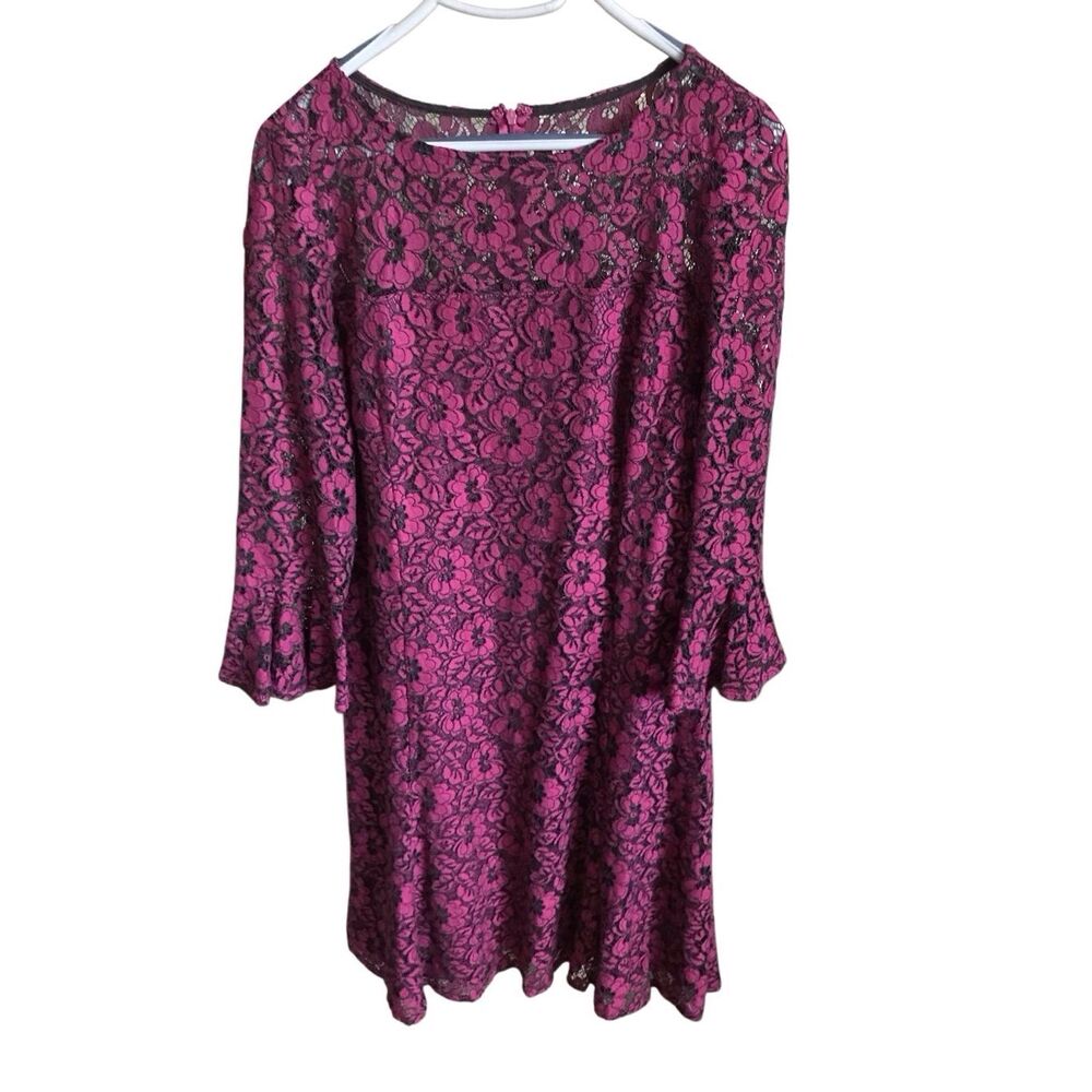 American Living size 10 lace dress black magenta Ruffle 3/4 sleeve lined